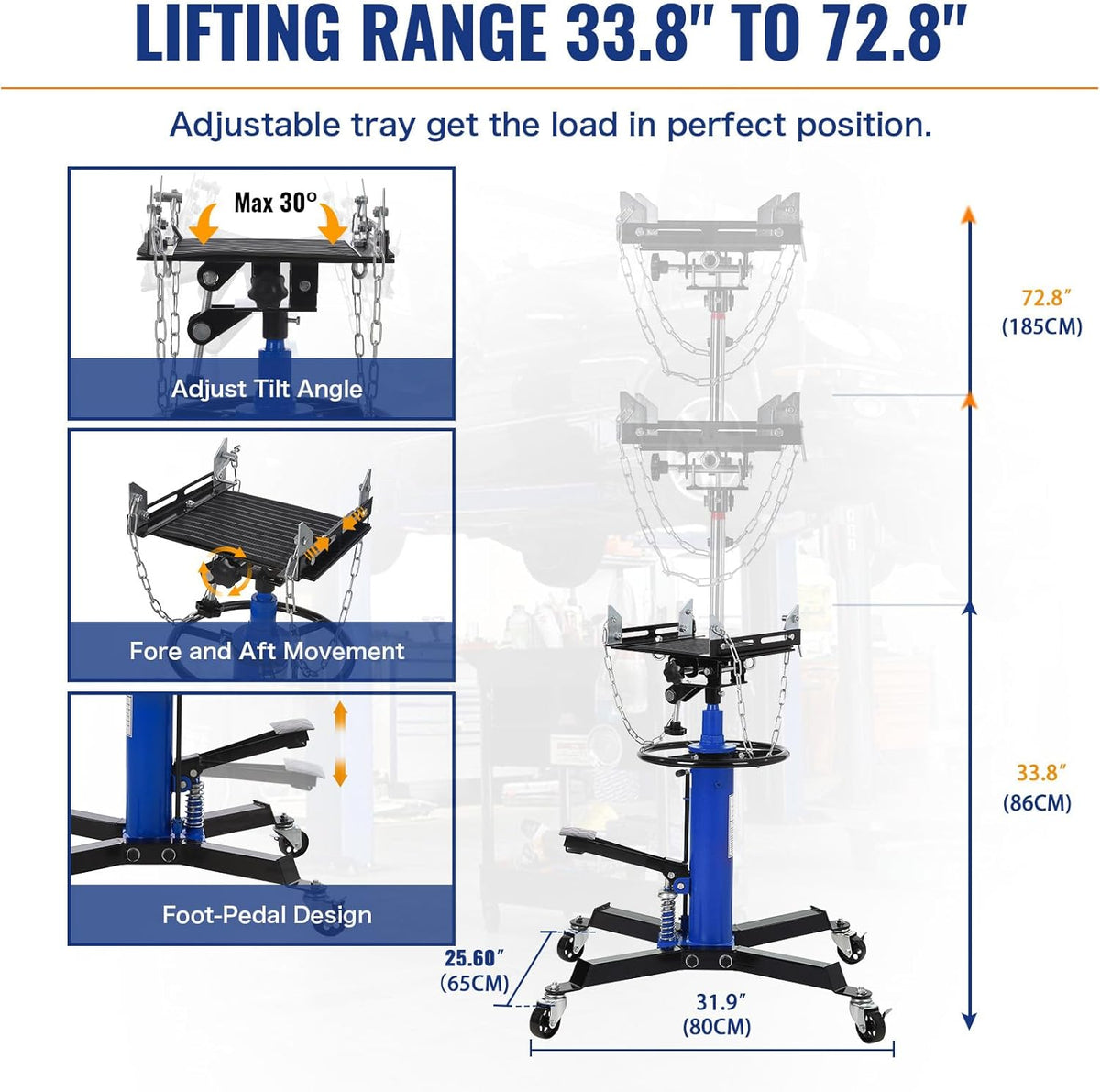 Transmission Jack with 1 Stage Hydraulic Ram, 1322 LBS Hydraulic Telescoping Transmission Jack with Foot Pedal & 360° Swivel Wheels, Heavy-Duty Garage/Workshop Jacks for Car/Truck Repairs, Blue