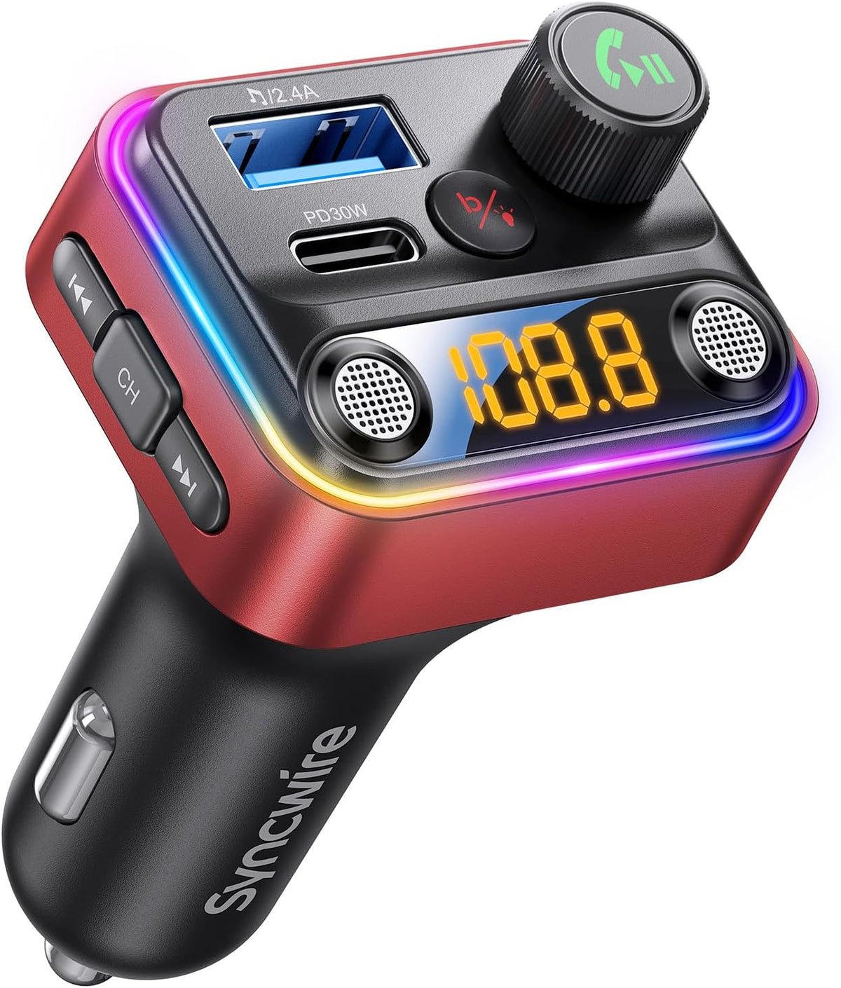 Syncwire Bluetooth 5.4 FM Transmitter Car Adapter 42W [Light Switch] [Stronger Dual Mics] [HiFi Deep Bass] [Fast Charging] Wireless FM Radio Music Adapter Hands-Free Calling Support USB Drive, Red