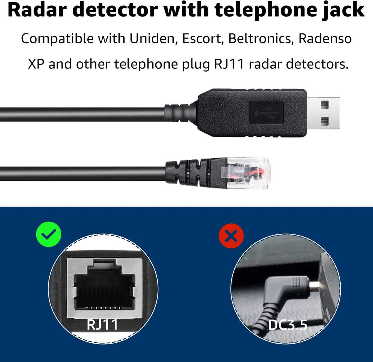 USB to RJ11 Radar Detector Power Cable,DC5V-12V Power Cable Replacement for Escort, Uniden, Radenso XP, Beltronics & Whistler Radar Detectors (13FT Length)