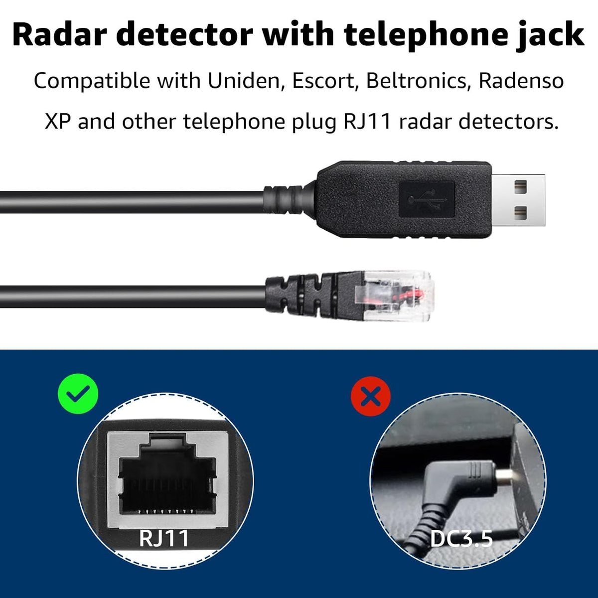 1.64Ft Radar Detector Cable - USB to RJ11 Plug Cable for Escort Radenso XP Uniden Beltronics Cobra Whistler - Premium Replacement Power Cord for Radar Detectors - Durable USB to RJ11 Connection