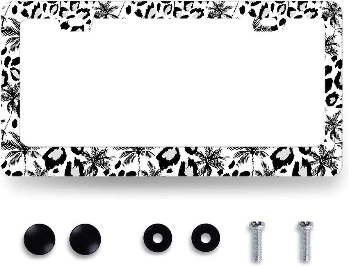 Leopard License Plate Frame Abstract Tropical Palm Trees License Plate Stainless Steel Colorful Car Accessory Funny License Plate Decoration Men Women Size 12.2" x 6.2" with Screws