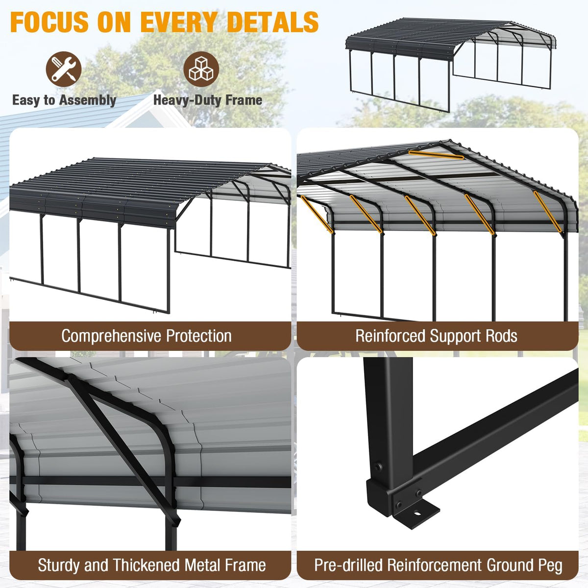 EBE 20' x 20' Outdoor Carport, Heavy Duty Metal Carports with Galvanized Steel Roof and Enhanced Base, Carport Canopy Car Shelter Shade for Cars, Ractor, Boat