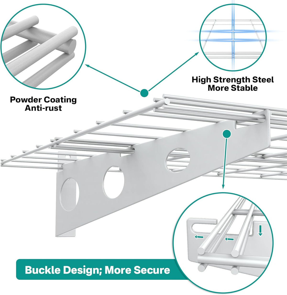 EVERHANGER Wall Mounted Garage Shelves, 2 x 4 ft Metal Storage Shelves, Heavy Duty Wall Shelving with Hooks, Holds Up to 220 Lbs, White
