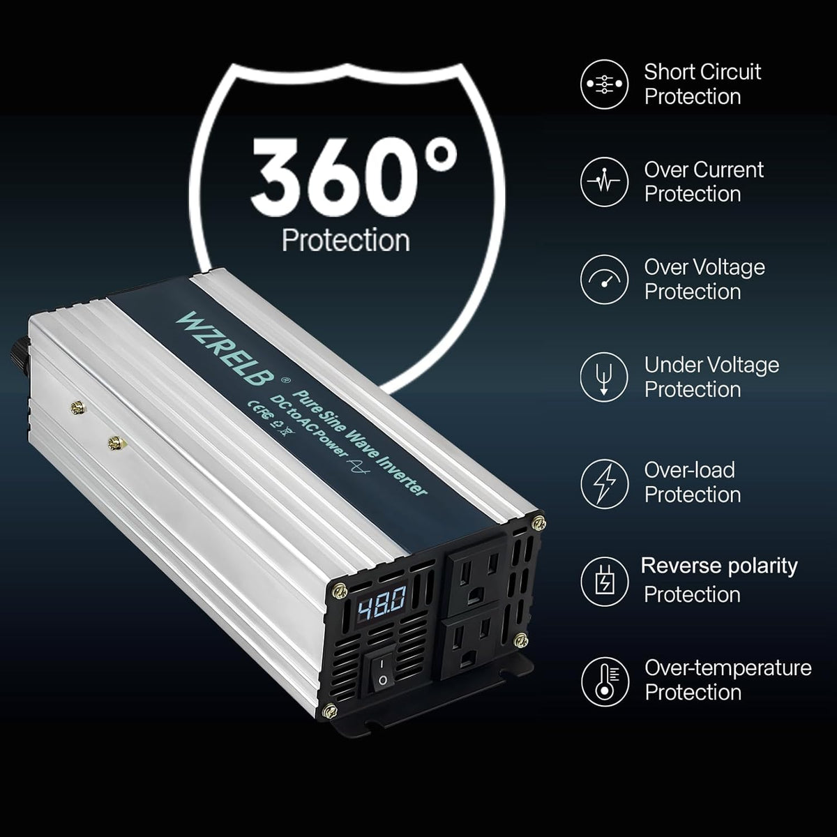 WZRELB 800W Pure Sine Wave Inverter 48V DC to 110V 120V AC Power Converter with LED Display, Off-Grid Portable Power Inverter with 2 AC Outlets for Home, RV, Truck, Camping