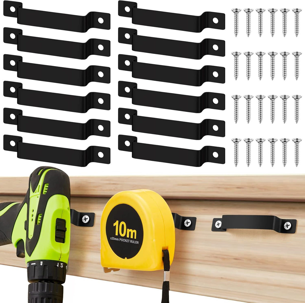 12 Pcs Tape Measure Clip Tape Measure Holder Bench Belt Universal Tool with Screws Stainless Steel Tool Hanger Storage Dock for Mount Drill Power Measures and Belt Clips (Black)