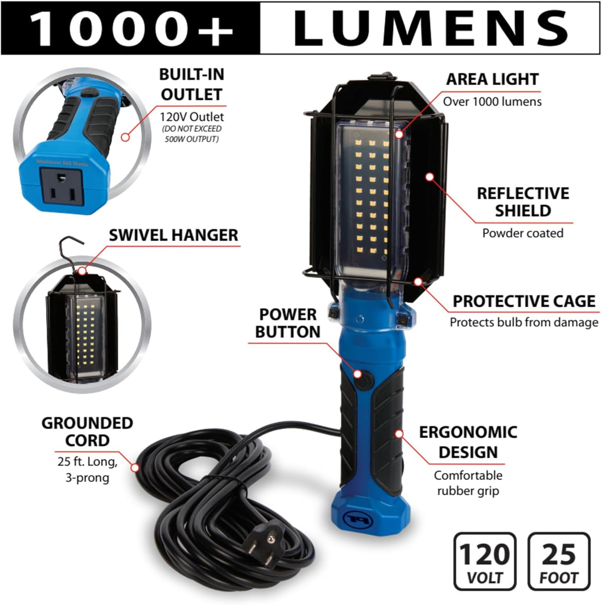 Performance Tool W2237 25' 18GA 1,000 lumen 120V LED Drop Light with Extra Built in 120V Outlet, 1 Pack