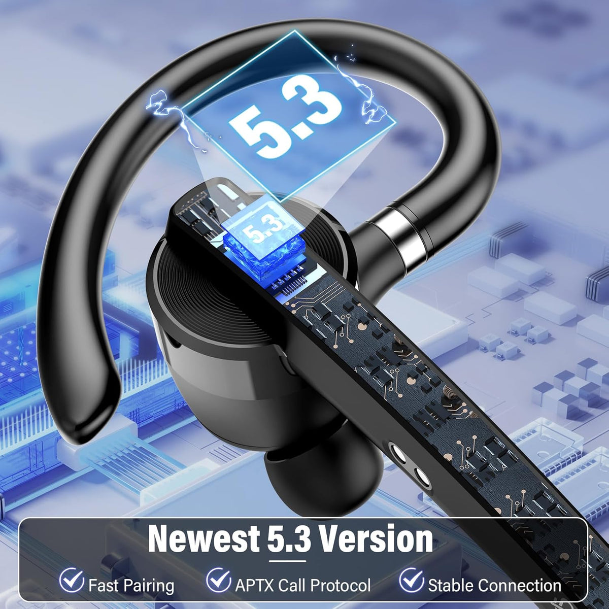 Bluetooth Headset, Wireless Bluetooth 5.3 Earpiece, 90Hrs Hands Free Headset with APTX HD Audio & Mute Button, Dual Noise Cancelling Mics, Single-Ear Headphone for Trucker/Business/Office/Gym