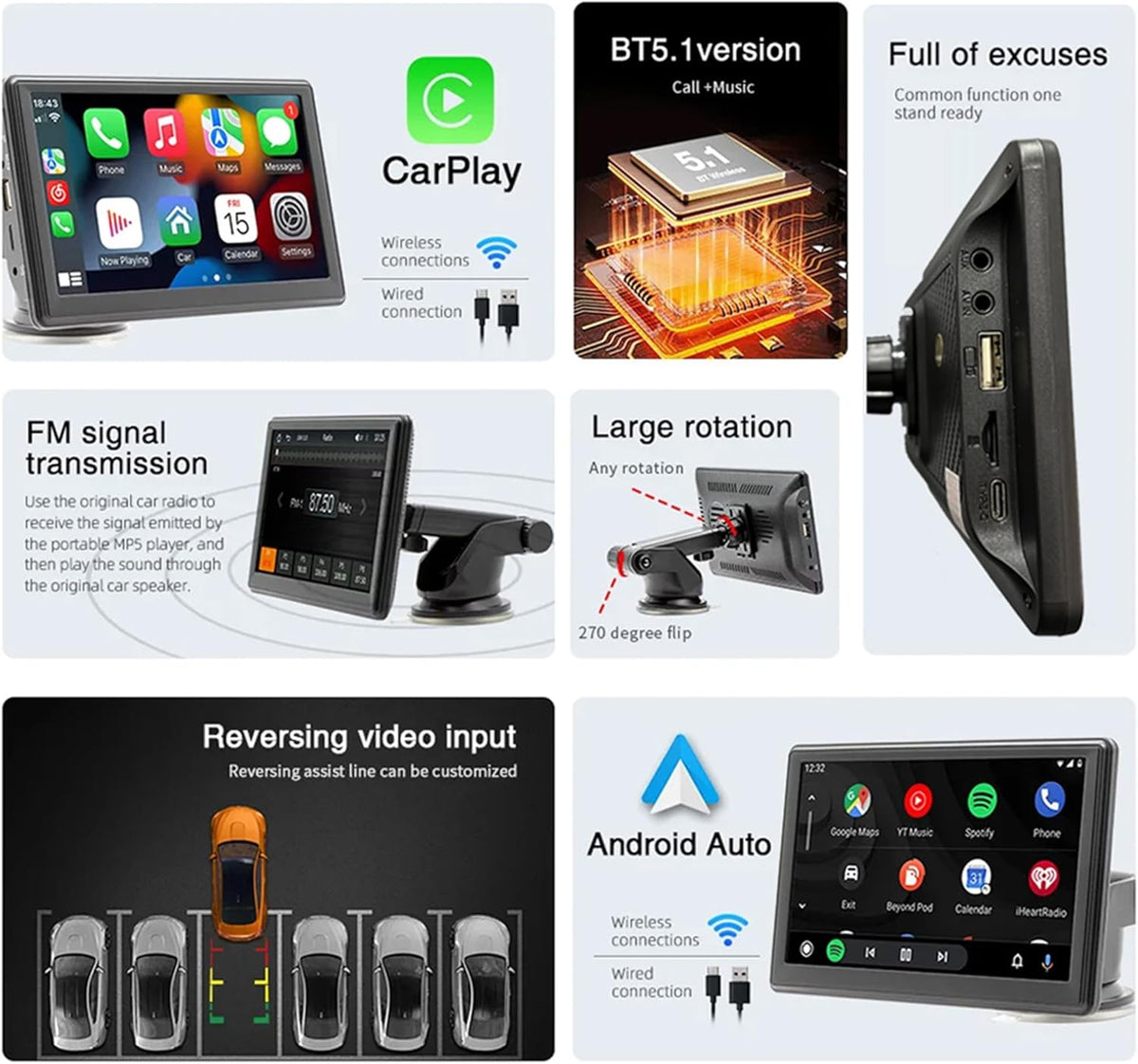 Portable Wireless CarPlay and Android Auto Screen for Car, 7" HD Touch Screen Car Stereo with Mirror Link, Bluetooth 5.0, Backup Camera, AUX,FM Transmitter for All Vehicle (with Camera)