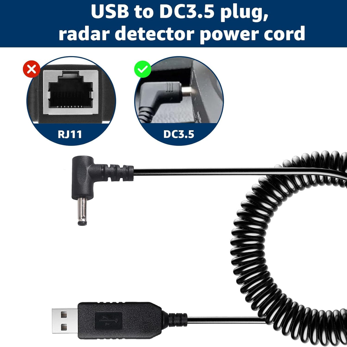 USB to DC3.5 Plug Radar Detector Power Cable, USB 5V-12V Power Cable Compatible with Cobra RAD 480i, 350, 380, Uniden DFR1, DFR3, DFR5, Whistler, & Radenso Pro M Radar Detectors (8.2FT Length)
