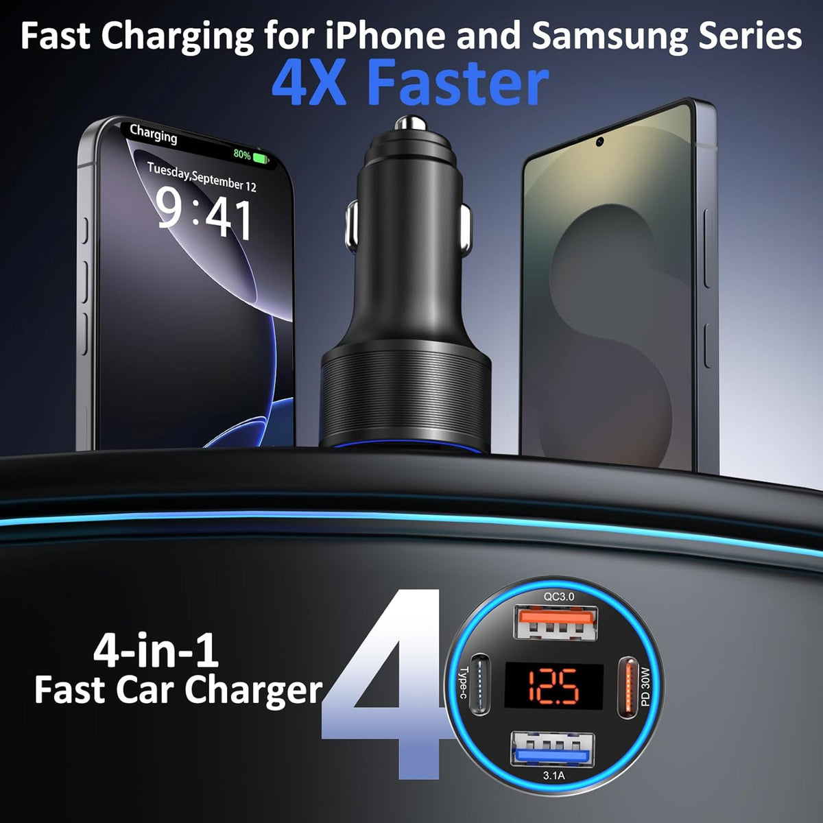 3 Pack USB C Car Charger, 4-Port 65W Dual 12V USB-A & USBC Cigarette Lighter Adapter Plug with Voltmeter PD/QC 3.0 Fast Charging Car Phone Charger for iPhone 16e 15 14 13 12 11 Pro Max, Android-Black