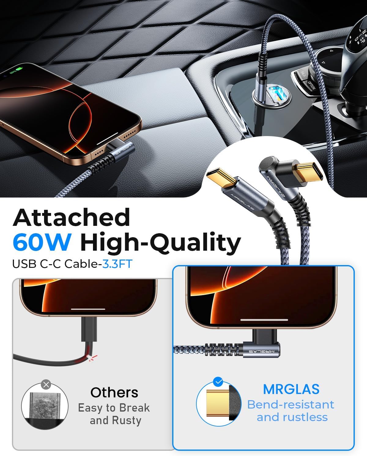 MRGLAS 90W Fast iPhone 16 Car Charger, USB C Car Charger with Type C Cable, PD45W & QC45W, Flush Fit, All Metal, Cigarette Lighter USB Adapter for iPhone 16 15 Samsung S25 Ultra Pixel 8