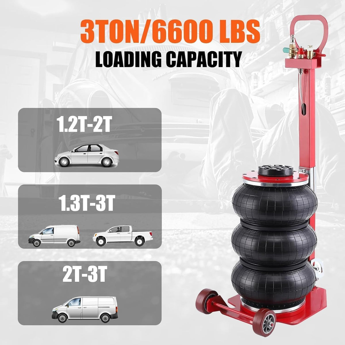 Air Jack,Heavy Duty 3 Ton/6600 lbs Air Bag Jack-3-Ply Pneumatic Lift up to 17.7 inch/450 mm for Cars/SUVs,Pneumatic Jack with Adjustable Long Handles