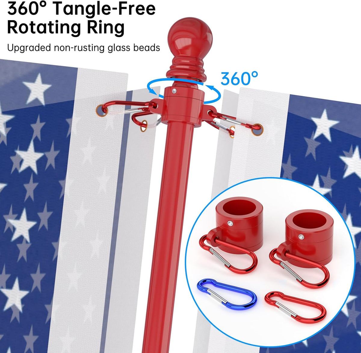 ZMTECH Flag Pole - Upgraded Bracket,(2 Packs) 6 FT Stainless Steel Flag Poles for Outside House, Residential or Commerical, Tangle Free Flag Pole Kit for American Flag (Without Flag, Red)
