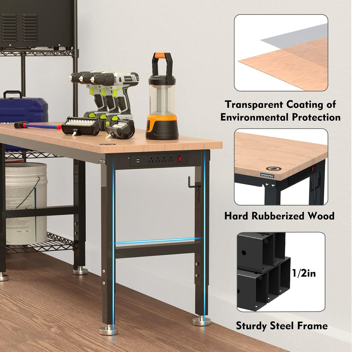WORKPRO 60" Adjustable Workbench, Rubber Wood Top Heavy-Duty Workstation, 2000 LBS Load Capacity Hardwood Worktable with Power Outlets, for Workshop, Garage, Pack of 10