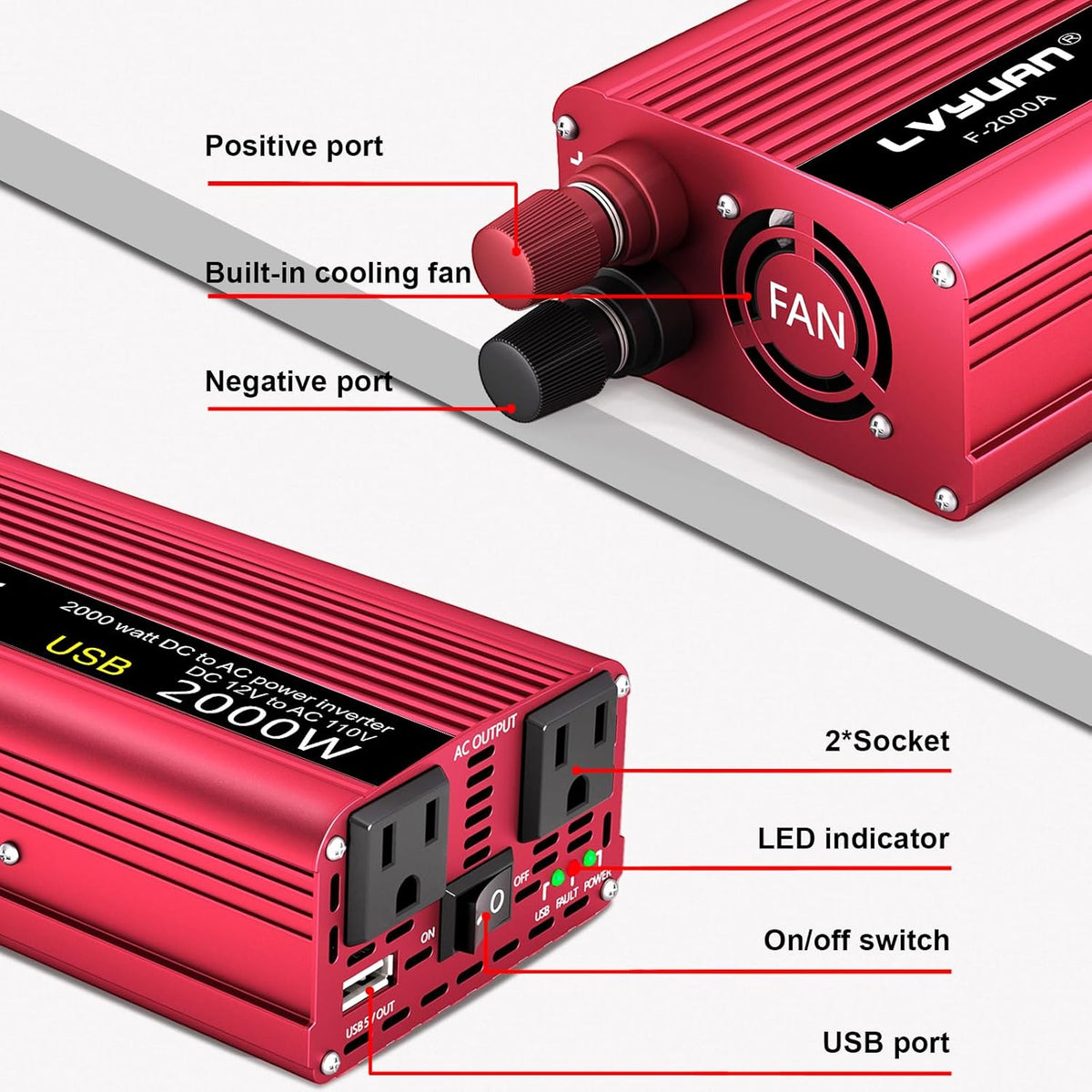 Car Vehicle Power Inverter 800W/2000W(Peak)DC-AC 12V-110V Converter Power Supply