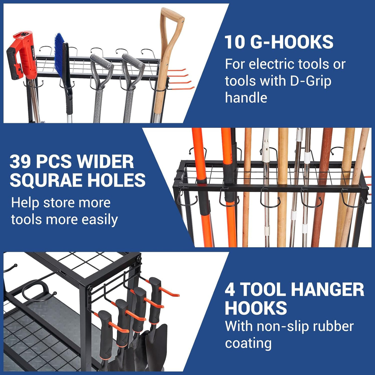 Garden Tool Organizer, Yard Tools Rack Holds 55 Long-Handled Tools/Rakes/Brooms for Garage Organization and Storage, Shed, Outdoor, Lawn, Heavy-Duty Steel, Black, Easy Assembly