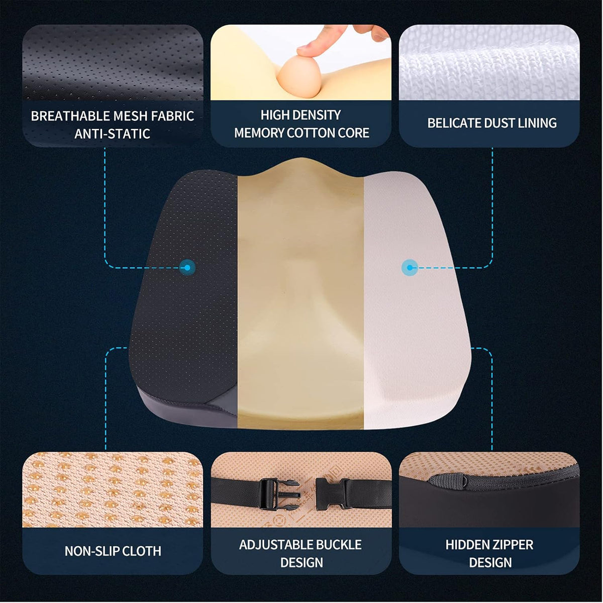 Car Seat Cushion - Comfort Memory Foam Seat Cushion for Car Seat Driver, Tailbone (Coccyx) Pain Relief Pad, Car Seat Cushions for Driving, Office Chair Cushion (Black)