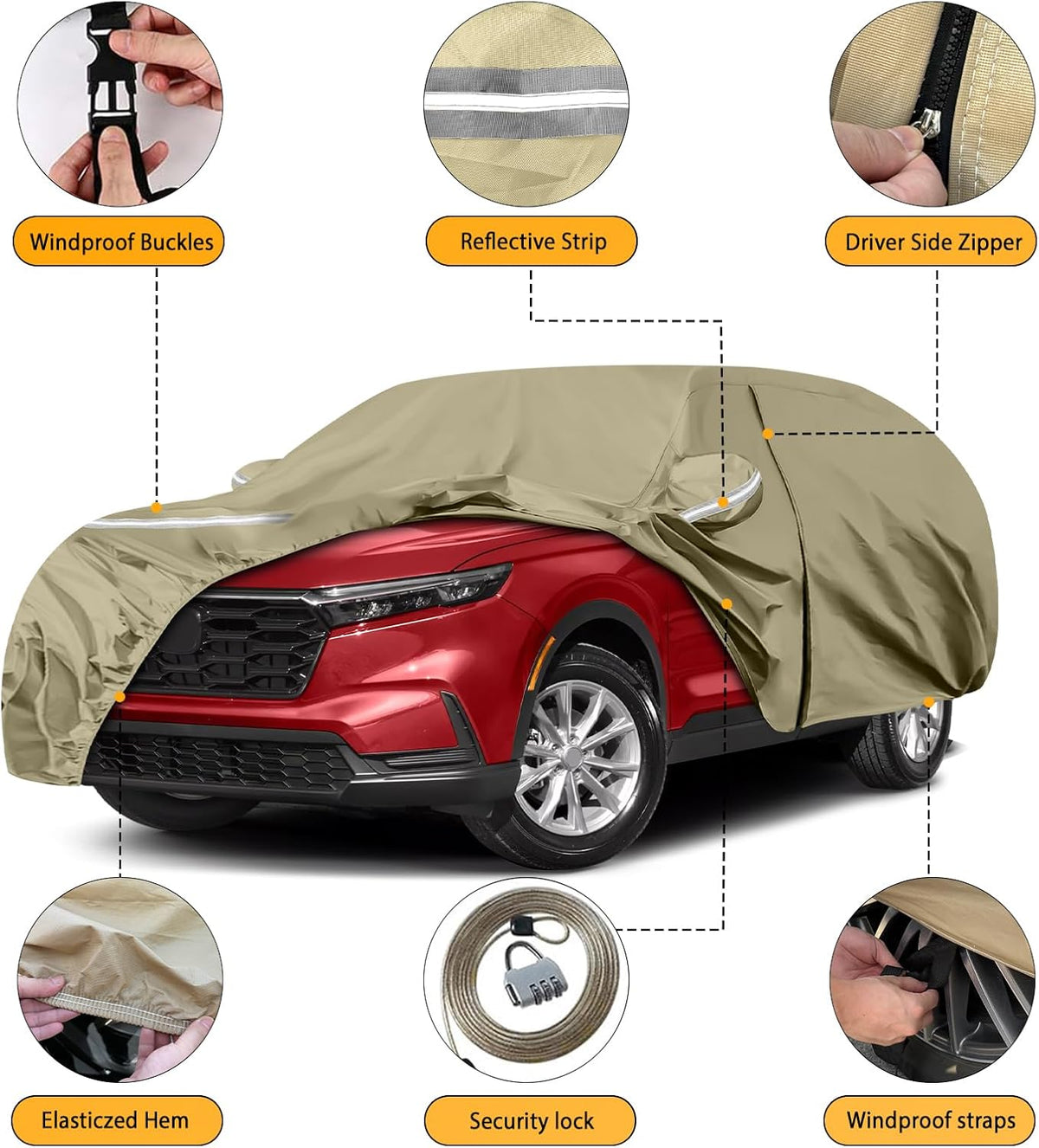 Waterproof Car Covers Replace for 2002-2025 Honda CRV, Multilayer Heavy Duty with Cotton Liner All Weather Car Cover with Zipper Door, Windproof Bands for Snow Rain Dust Protection