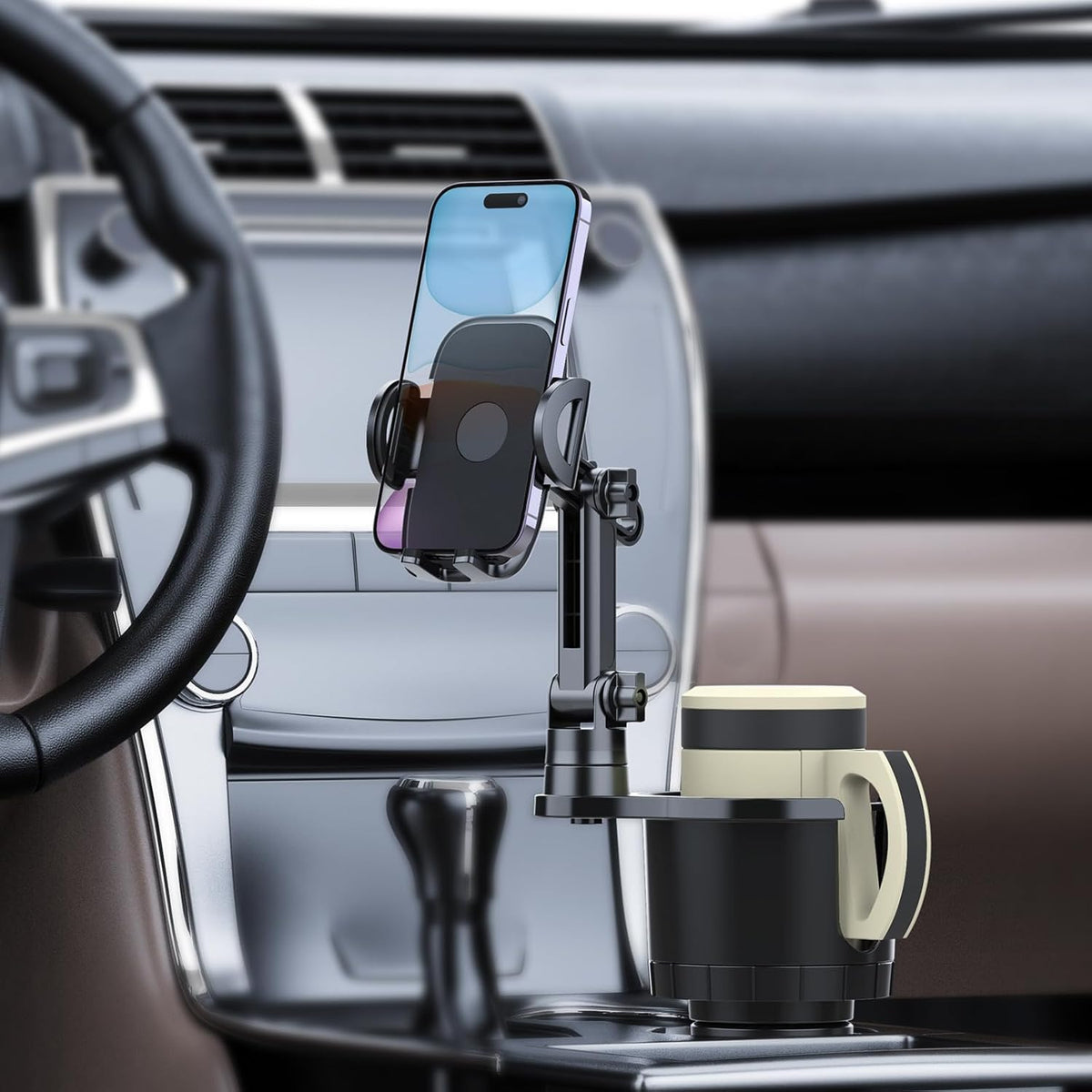Cup Holder Phone Mount for Car, Upgraded 2 in 1 Car Cup Holder Expander Long Arm with 360° Rotation, Car Phone Holder Compatible with iPhone, Samsung & All Smartphones