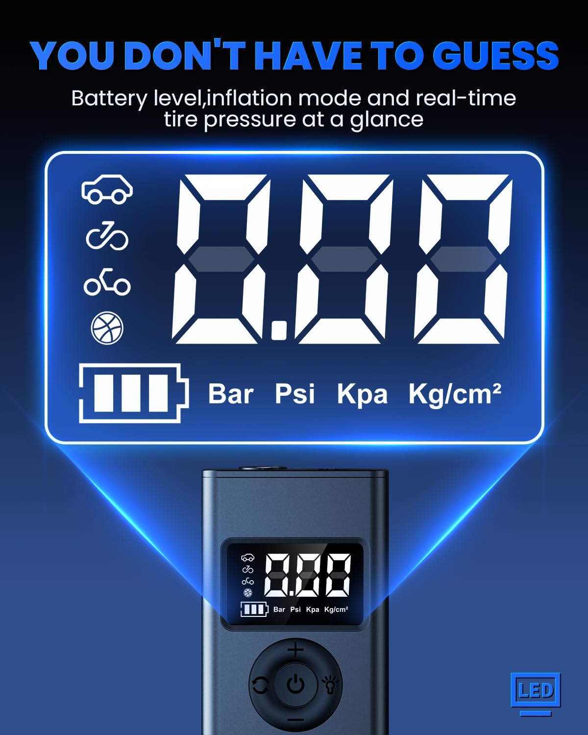 Tire Inflator Portable Air Compressor, 160PSI Air Pump for Car Tires with Digital Pressure Gauge, LED Light and Auto Shut-Off Function, for Car/Motorcycle/Bike/Ball