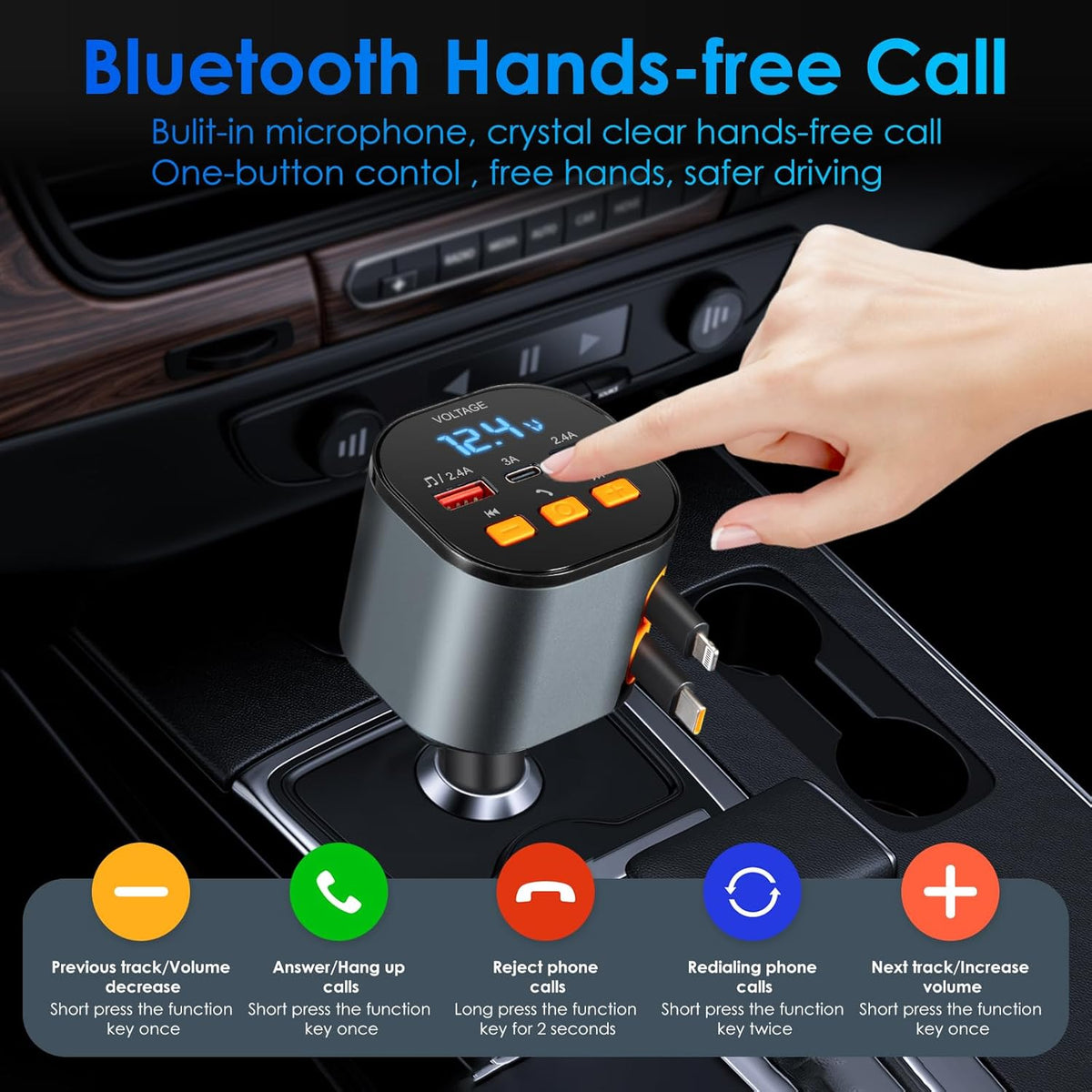 Retractable Car Charger,5 in 1 Fast Car Phone Charger 90W,Bluetooth 5.3 FM Transmitter Adapter,Handsfree Call,2 Retractable Cables and USB Cars Chargers for iPhone 15/14/13 (Black)