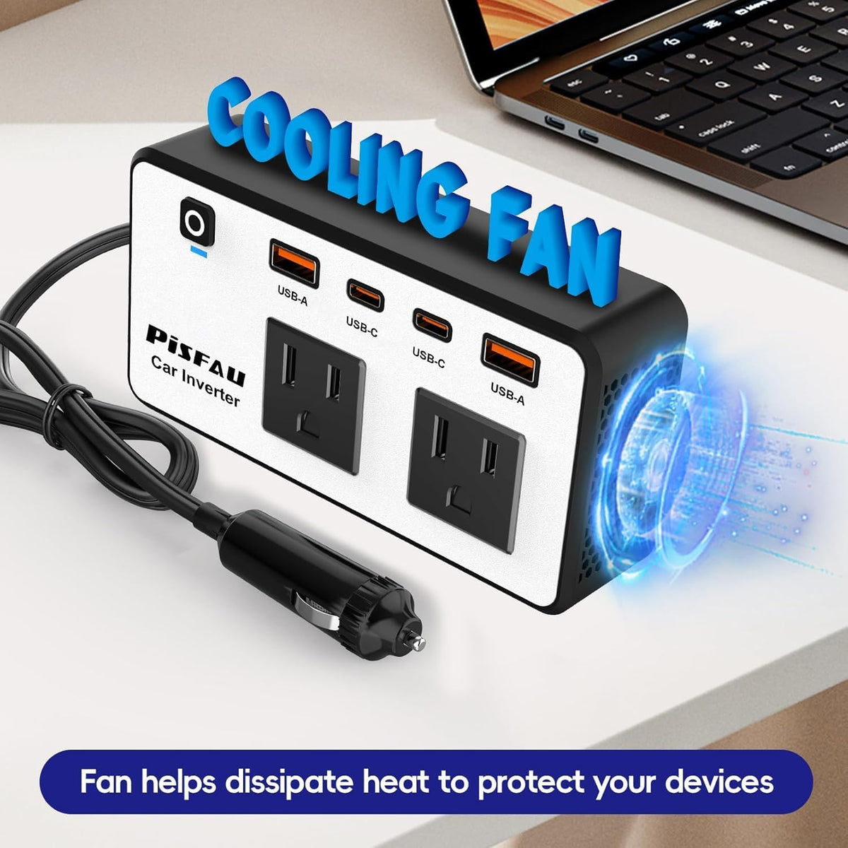 300W Car Power Inverter 12V to 110V，PiSFAU DC to AC Car Plug in Adapter Outlet with Multi USB[24W USB-C] /USB-Fast Charger(24W) Car Inverter，Car Charger for Laptop Vehicles Road Trip Essentials