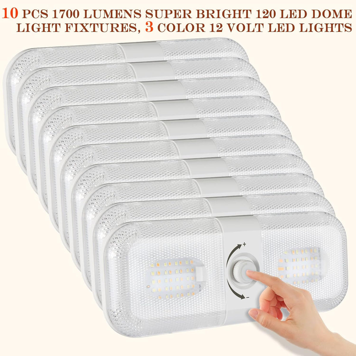 Retisee 10 Pcs RV Lights Interior 1700LM, 3 Color 12V RV LED Dome Lights Ceiling Double Lights Fixture with ON/Off for Camper/Car/Trailer/Boat, 2700-6700K