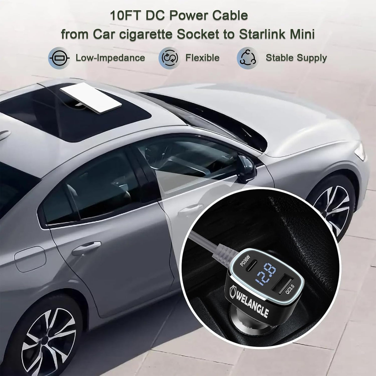 3 in 1 Car Power Cable for Starlink Mini Cigarette Lighter Adapter, Car Charger for Mini Starlink DC Power Cable with Digital Display, Durable & High Speed Charging USB A/USB C Port (3M/10FT)