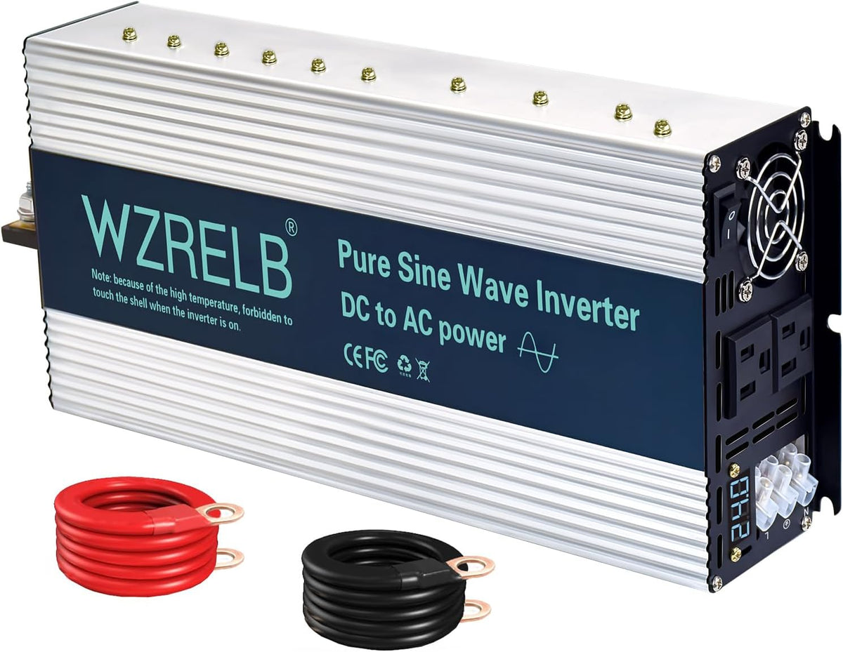 WZRELB 4000W Pure Sine Wave Inverter, Car Power Inverter 24V DC to 110V 120V AC Converter for RV, Truck, Solar, Outdoor with Dual AC Outlets, Hardwire Port, Surge 8000W, LED Display,Off-Grid