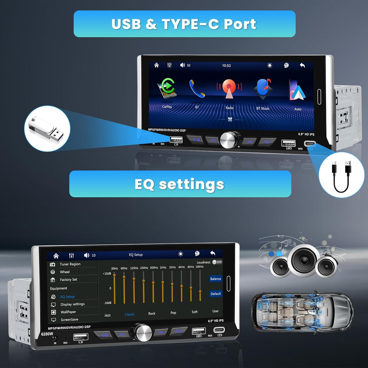 6.9 Inch Single Din Car Stereo with Wireless Carplay Android Auto, HD Touchscreen Radio Receiver with Bluetooth5.0 Audio FM/RDS EQ SWC Mirror Link USB/Type-C Port Backup Camera