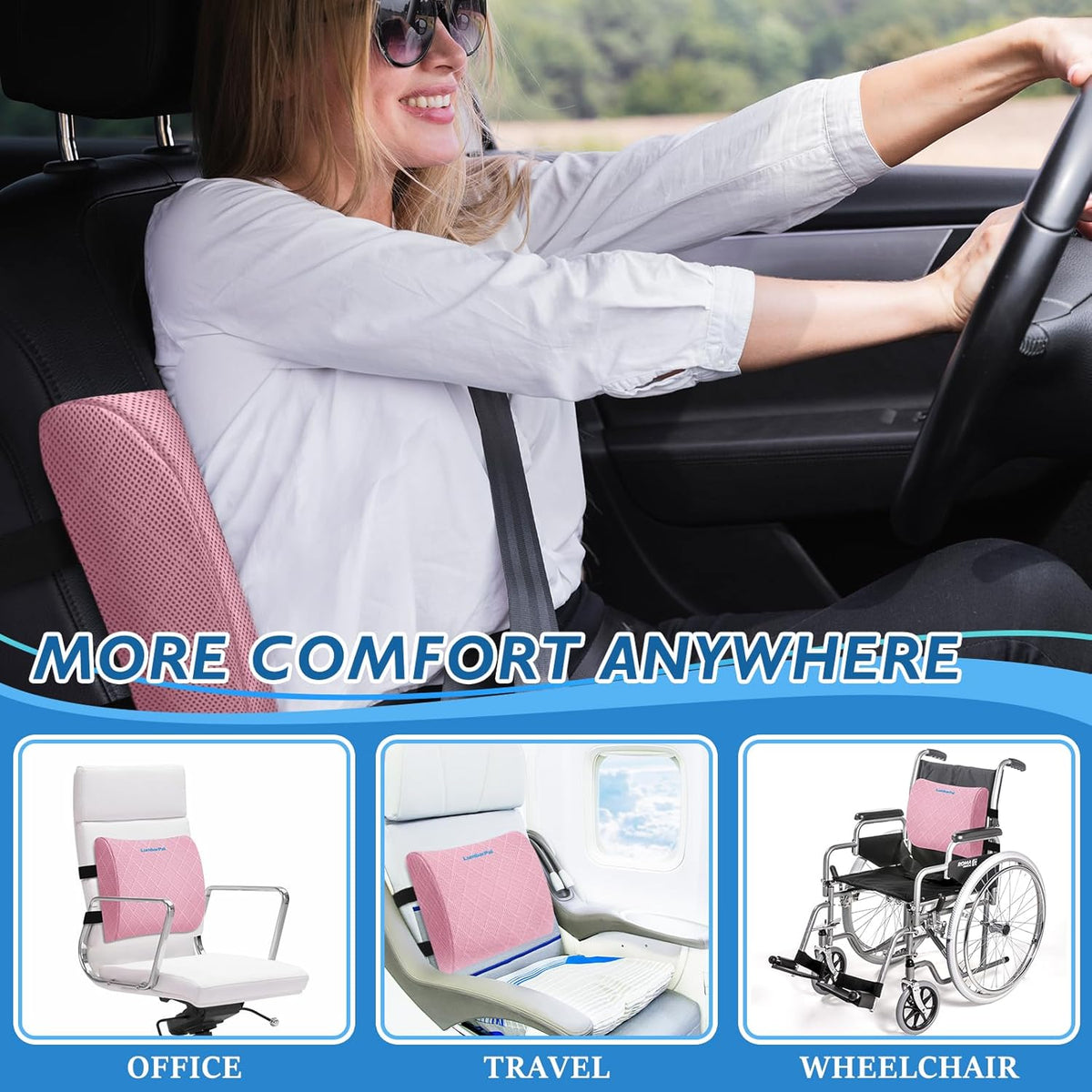 Lumbar Support Pillow for Office Chair Back Support Lumbar Pillow for Car, Gaming, Office Chair - Improve Sitting Posture & Back Pain Relief, Memory Foam, Adjustable Straps, Pink