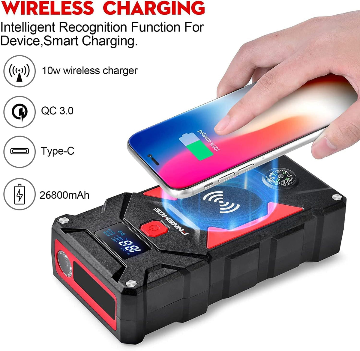 Car Jump Starter, 6000A Peak 26800mAh 12V Car Battery Starter(Up to All Gas, 10.0L Diesel Engine), with USB Quick Charge 3.0,LED Light,12V EC-5 Output.