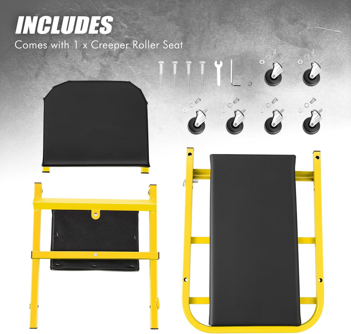 DNA MOTORING 40 Inches Folding 2 in 1 Rolling Z Creeper, Adjustable Roller Garage Chair Lay Down or Sit, 6 Pcs 2" Casters, 150kg Weight Capacity, Yellow, TOOLS-00187-YL