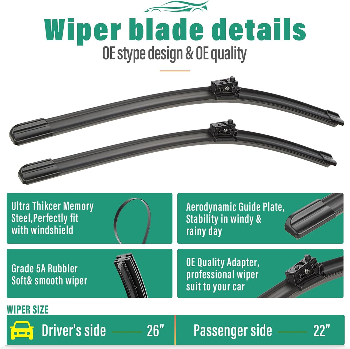26" 22" 13" Windshield Wiper Blades Replacement for Mercedes-Benz GLE350 / GLE450 / GLE580 2020 2021 2022 2023 Premium All Weather Front Rear Wipers Set - OEM Quality (Pack of 3)