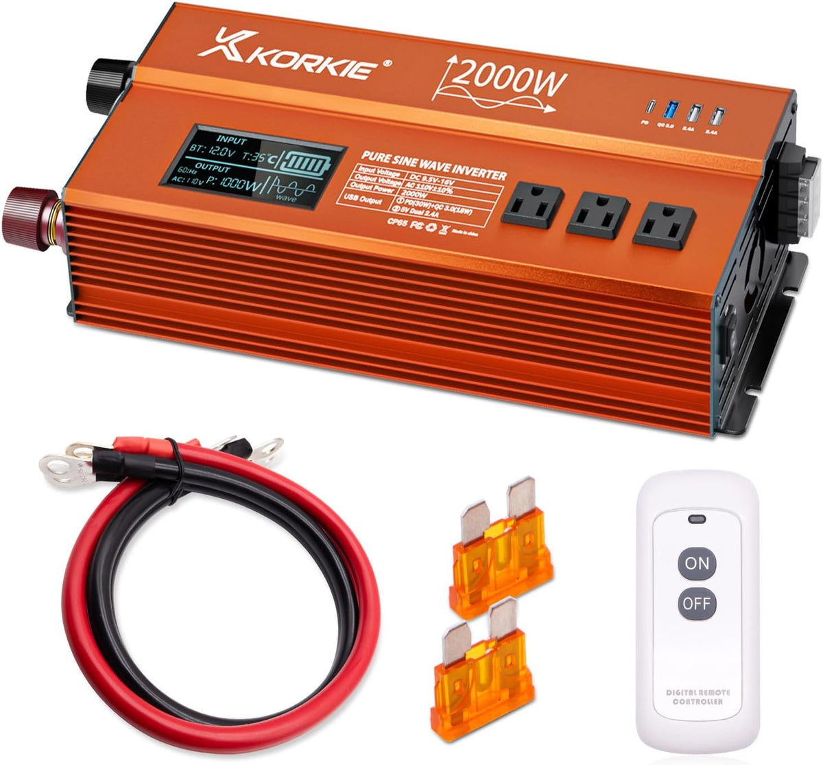 2000W Pure Sine Wave Inverter, Car Power Inverter, 12V DC to 110V, with Type-C, Dual 5.2V/2.4A USB, 3AC Outlets for Home,Camping, RV, Truck, Vehicles