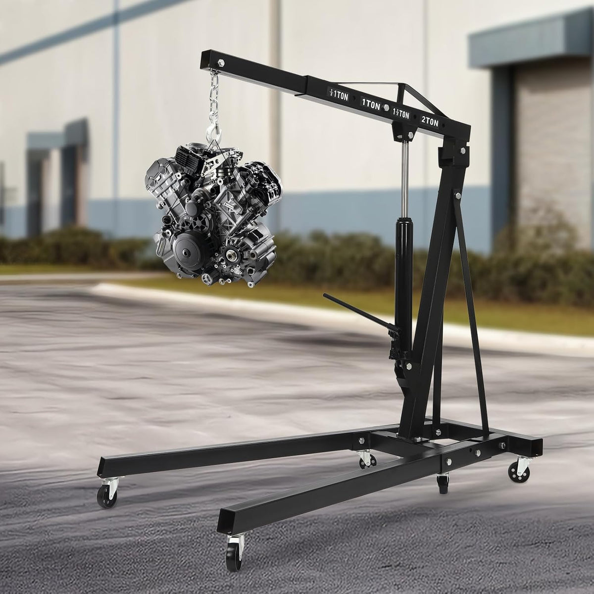 Engine Lift Crane 2 Ton (4000lbs) Engine Hoist Heavy Duty Garage Hydraulic Lift Foldable & Adjustable Height w/ 6 Universal Wheels for Car Fixing, Workshops, Ports, Warehouses, Garage