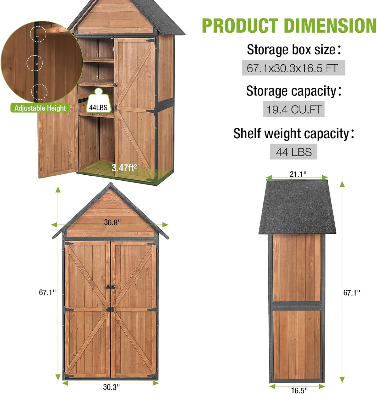 GUTINNEEN Sheds Outdoor Storage Wooden Garden Tool Shed with Metal Frame Sloped Roof and Adjustable 3 Tiers Shelves Outdoor Storage Cabinet for Backyard Garden Patio Lawn 67.1"(Brown)
