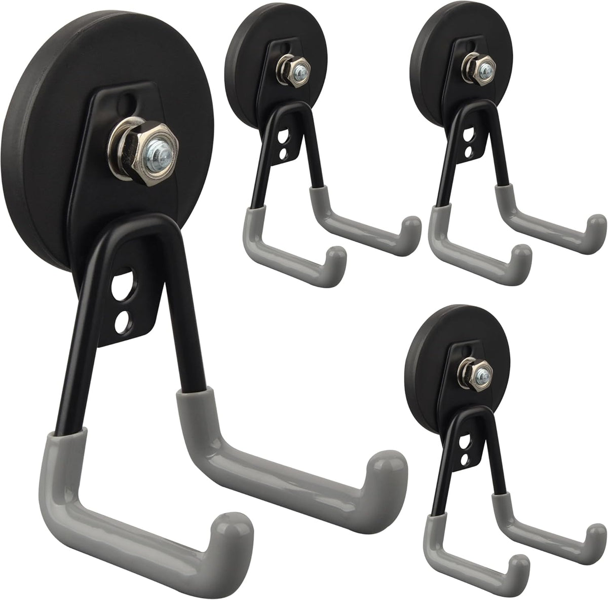 ULIBERMAGNET Heavy Duty Magnetic Hooks,Strong Large Magnet Hooks for Power Drill,Garden Tools, Hose,Pegboard,Garage,Workshop,4 Pack Magnetic Storage Hooks for Indoor Outdoor Hanging(Gray)