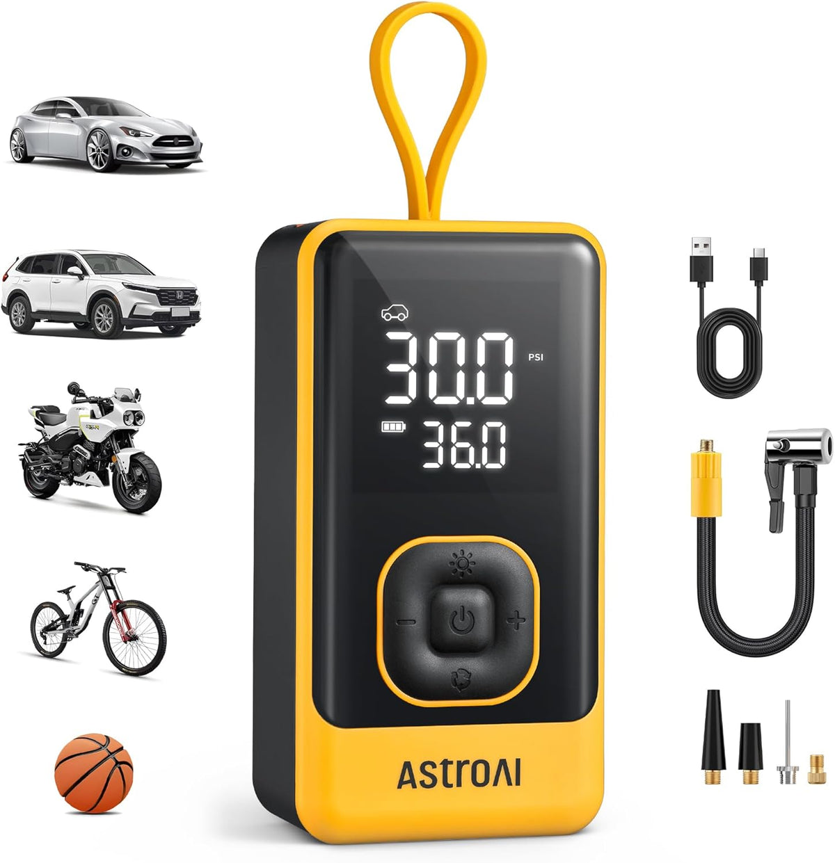 AstroAI L7 Air Tire Inflator Portable Air Compressor, 150PSI Electric Cordless Bike Pump with Fast 1-min Inflation, Auto Shutoff, LED Light – Rechargeable for Car, SUV, Motorcycle, Bike Tires, Yellow