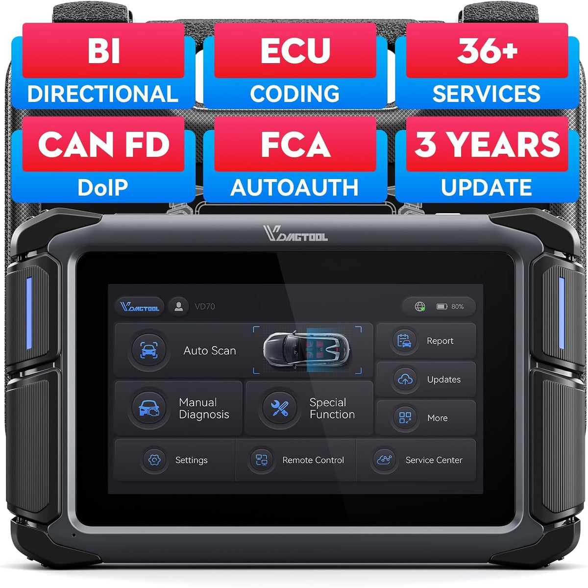 VDIAGTOOL Bidirectional Scan Tool VD70, OBD2 Scanner Diagnostic Tool with ECU Coding, 36+ Resets, PMI, FCA AutoAuth, All System, CAN FD & DoIP, V.A.G. Guide, 3-Year Update