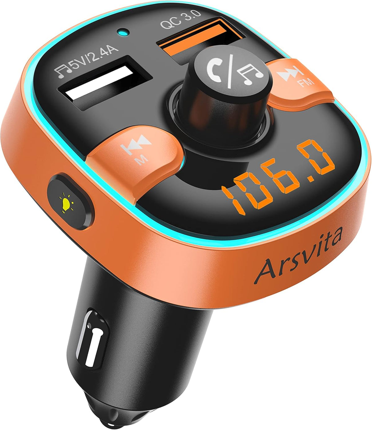 Upgraded Arsvita Bluetooth FM Transmitter for Car, Radio Receiver/Audio Adapter with Dual Car Charger, Support QC3.0 Quick Charging, Hands-Free Calling and Hi-Fi Sound Playback, Orange