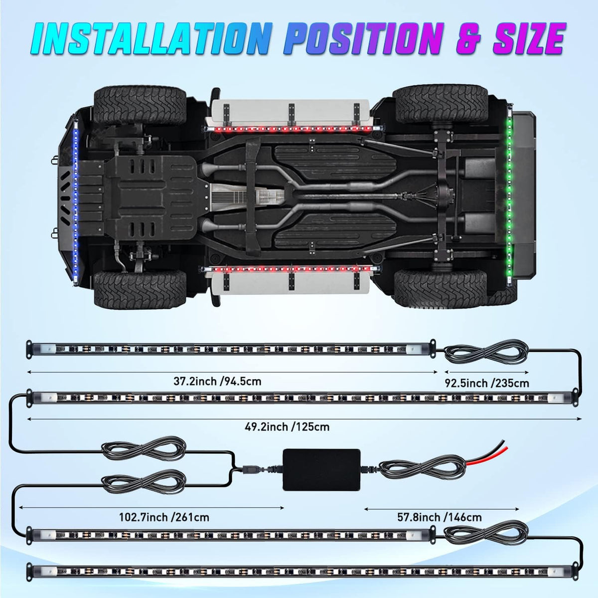 Nilight 4Pcs Car Underglow Neon Accent Strip Lights 256 LEDs RGB Multi Color DIY Sound Active Function Music Mode with APP Control and Remote Underbody Light Strips