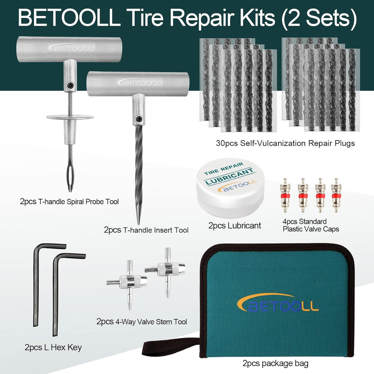 Tire Repair Kit, Sets of 2-24pcs Professional Heavy Duty Universal Emergency Flat Tire Repair Kit to Fix Punctures, for car Motorcycle, Truck, Golf Cart, ATV, Tractor, ARB, RV, SUV, Trailer etc.
