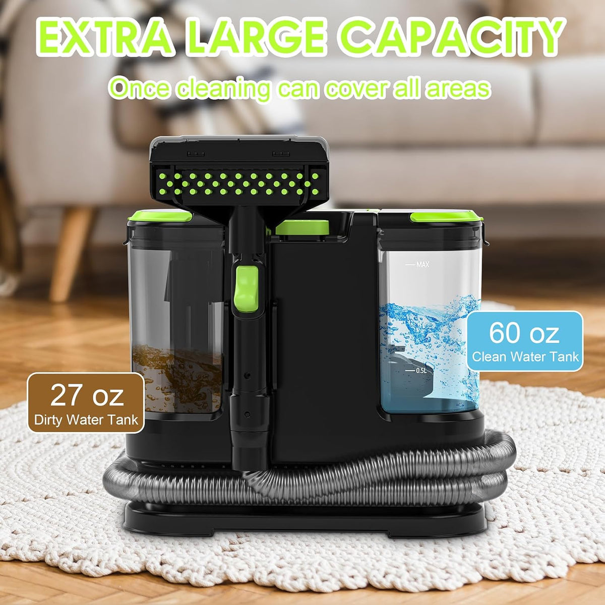 Portable Carpet & Upholstery Cleaner, Deep Cleaning for Rugs, Couch, Curtain, Car Interiors Stains, Pet & Family Friendly, 21 Kpa suction with 800W high-performance motor, 120V (Green)