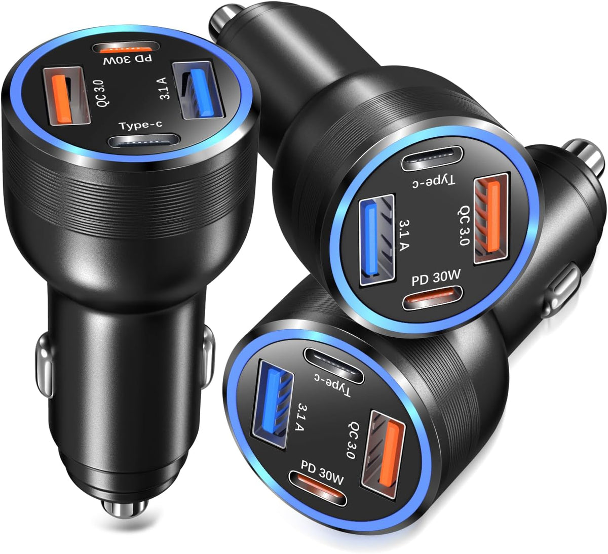 USB C Car Charger 3 Pack, Bangfun 4-Port 65W Dual 12V USB-C & USB A Car Charger Power Adapter QC+PD 3.0 Fast Charging Cigarette Lighter Plug for iPhone 16/15/14/13/11 Pro,Samsung S24,Android(Black)