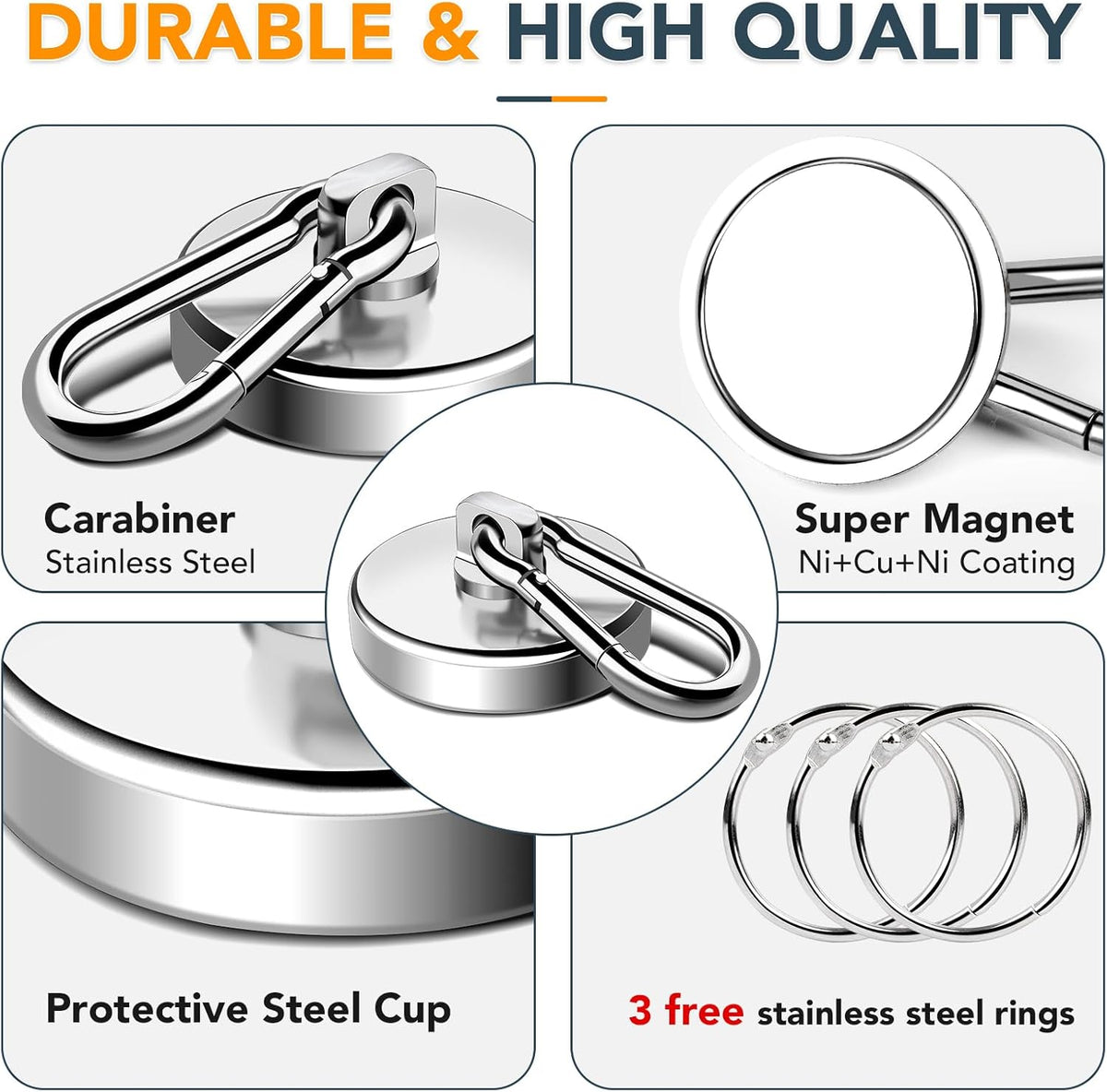 MIKEDE Strong Magnetic Hooks Heavy Duty, 200LBS+ Swivel Neodymium Magnets with Carabiner Hook, Hooks for Hanging, Curtain, Home, Workplace - 4 Pack