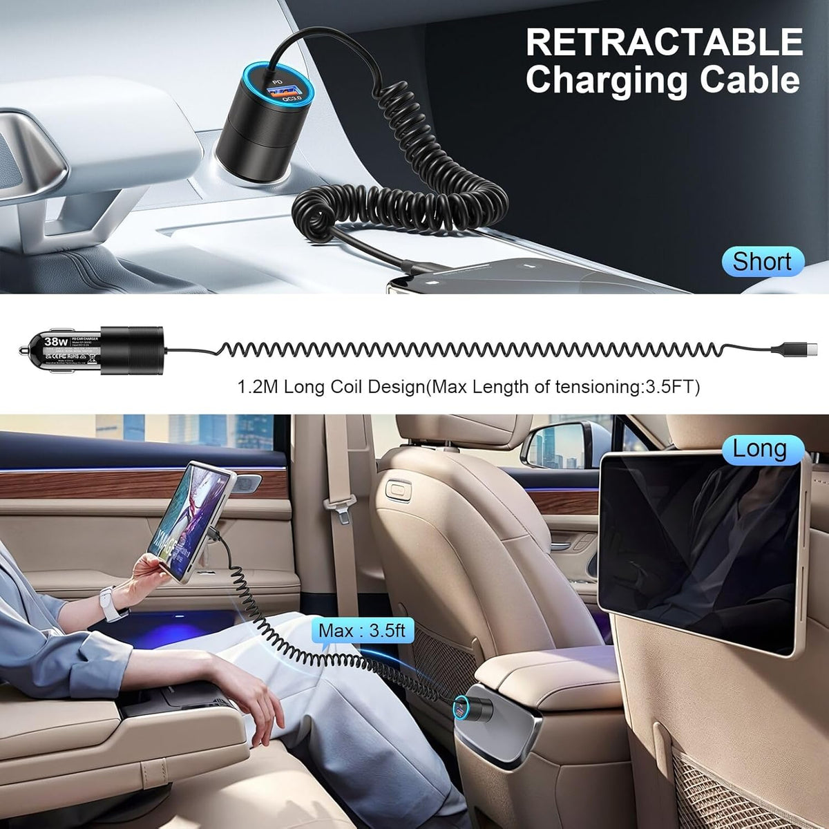 3-Pack USB C Car Charger,38W Fast Charging Car Phone Charger+3.5FT Type C Coiled Cable,PD&QC 3.0 Car Charger Adapter Compatible with iPhone 16/15 Plus/Pro/Max,Galaxy S24 S23 Ultra,iPad,LG