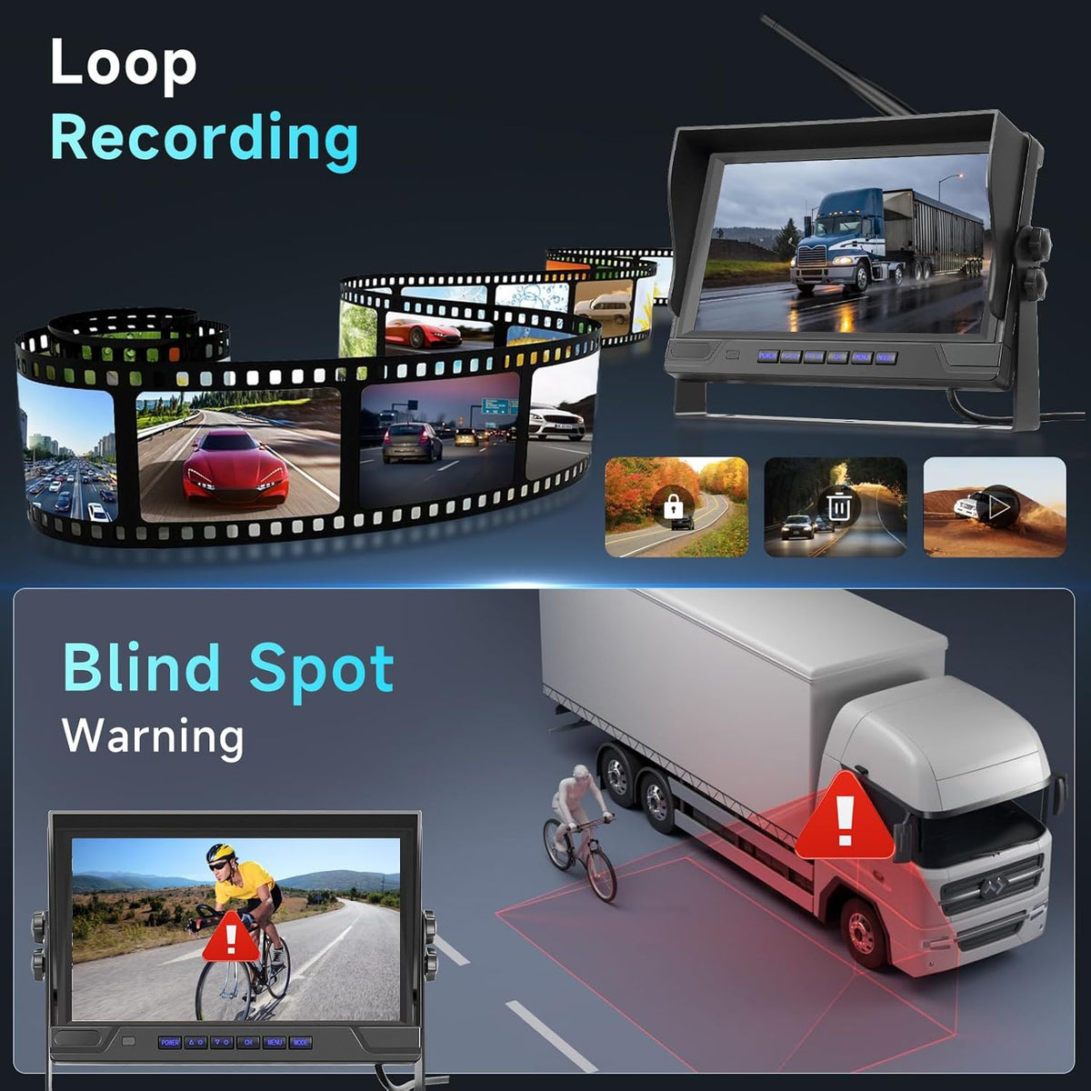 Hodozzy Wireless Backup Camera Digital System Kit, 9 Inch Dual Split Screen Monitor with Blind Spot Warning, IP 68 Waterproof 2 Backup Camera, Recording,Night Vision,Loop Record Trucks/RV/SUV
