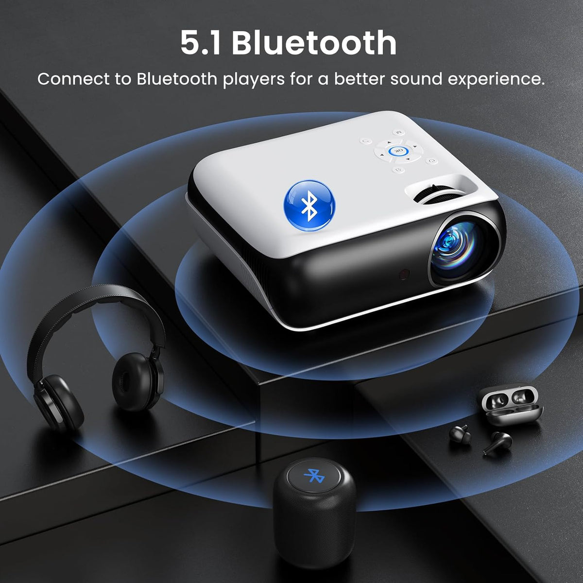 HAPPRUN Native 1080P Bluetooth Projector, Full HD Portable Outdoor Movie Projector with Built-in Speaker, Compatible with Smartphone, HDMI, USB, AV, Fire Stick, PS5 for Home, Bedroom, Outdoor Use