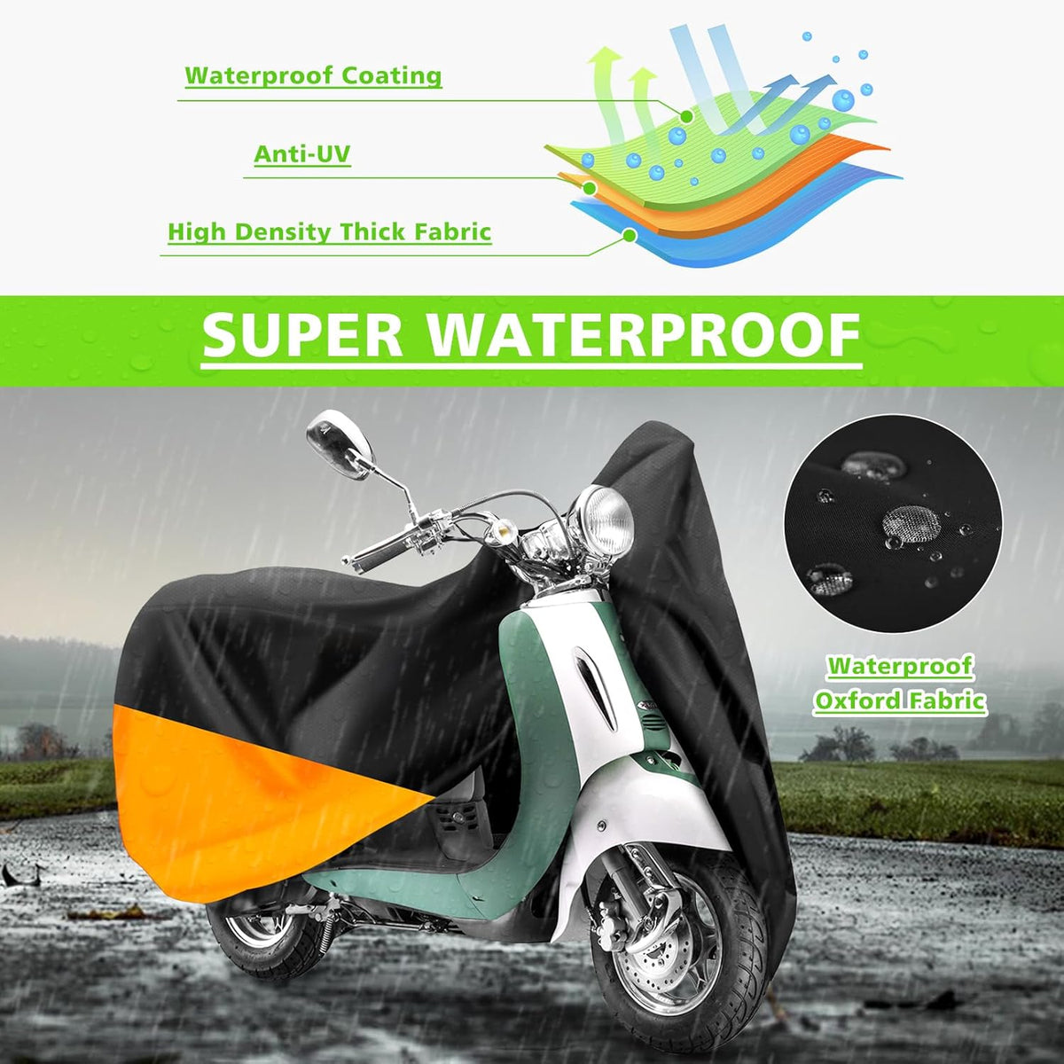 COVERVIN Scooter Outdoor Waterproof Cover, Moped Cover Vespa Cover for Honda Ruckus Yamaha 72″ Long (S, Black Orange)